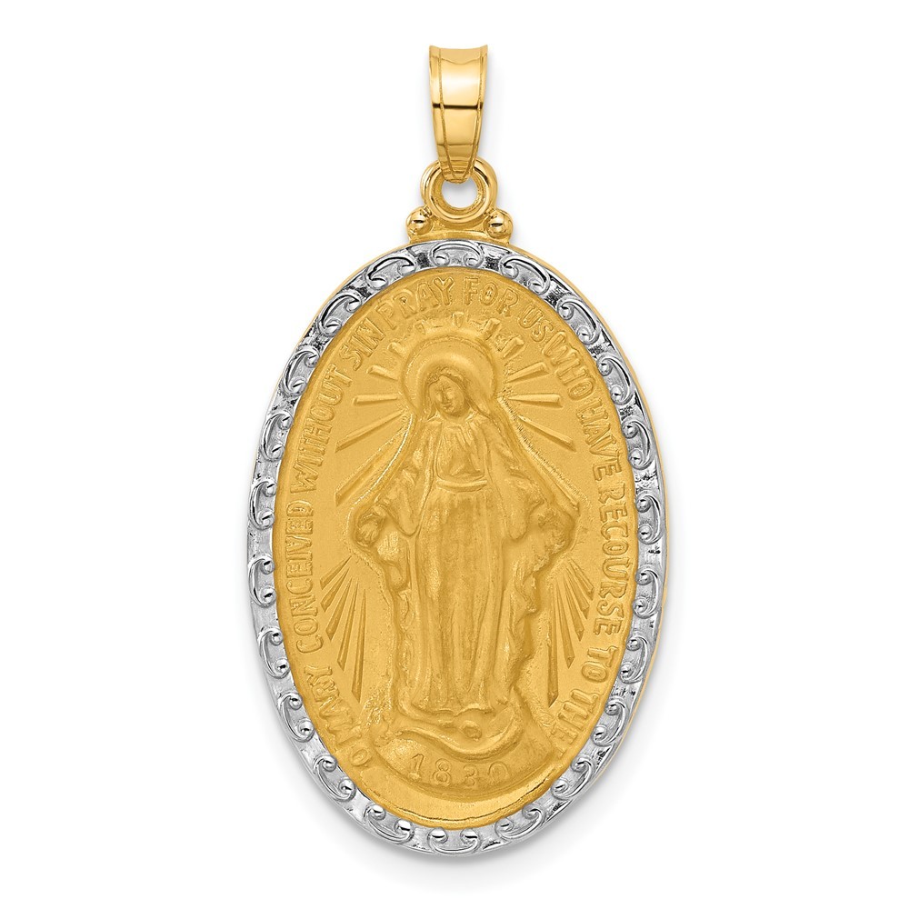 14k Yellow Gold and White Rhodium Satin Solid Miraculous Medal Oval Pendant
