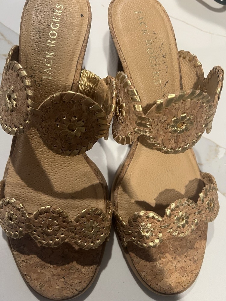 Jack Rogers Lauren Neutral Cork Gold Stitched Wedge Heels Sandals Size 11 11m