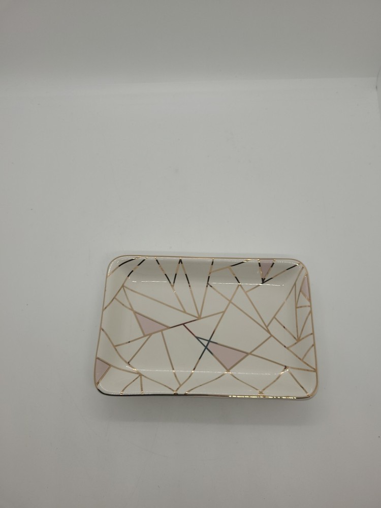 Ceramic Jewelry Trinket Tray Pink White Gold Geometric Summer Rose Design