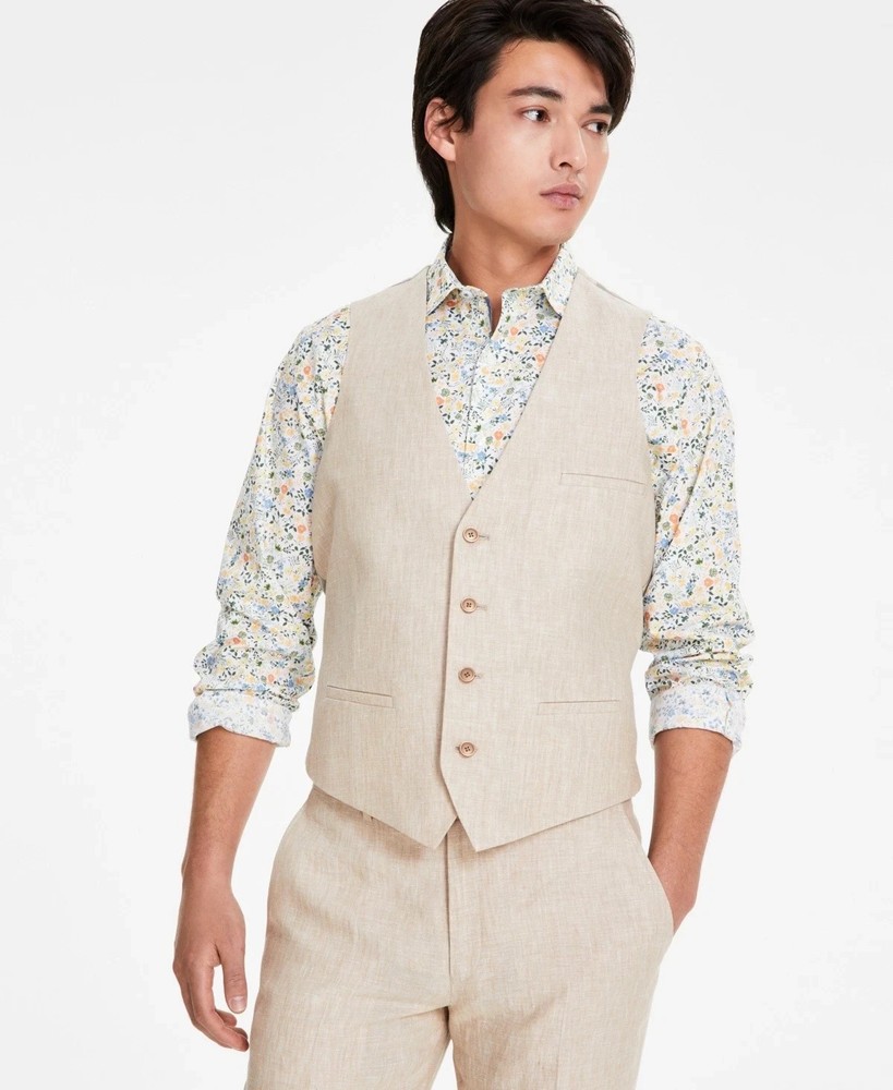 Bar III Men's Slim Fit Linen Suit Vest in Light Tan,  M