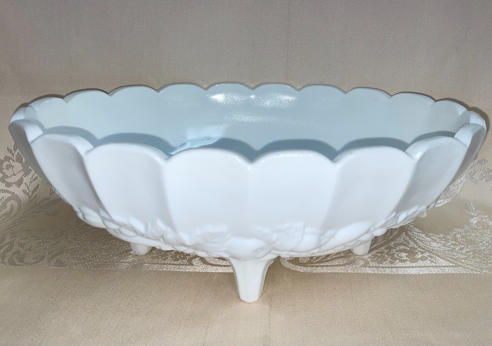 Vintage White Milk Indiana Glass Footed Oval Fruit Bowl 13 Inch with Fruit Pattern  