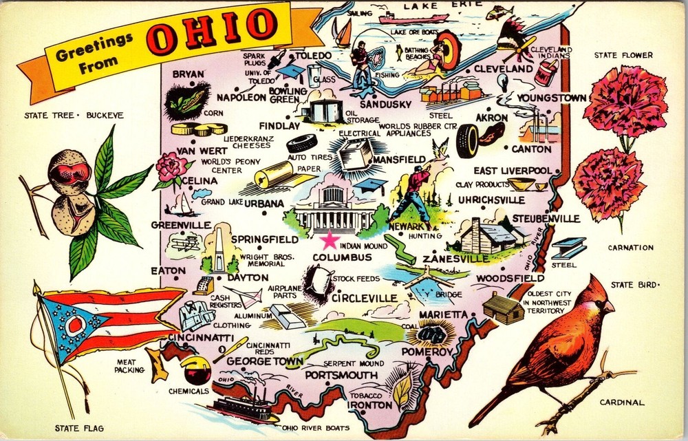 OH-Ohio, Landmarks Map View General Greetings, Vintage Postcard