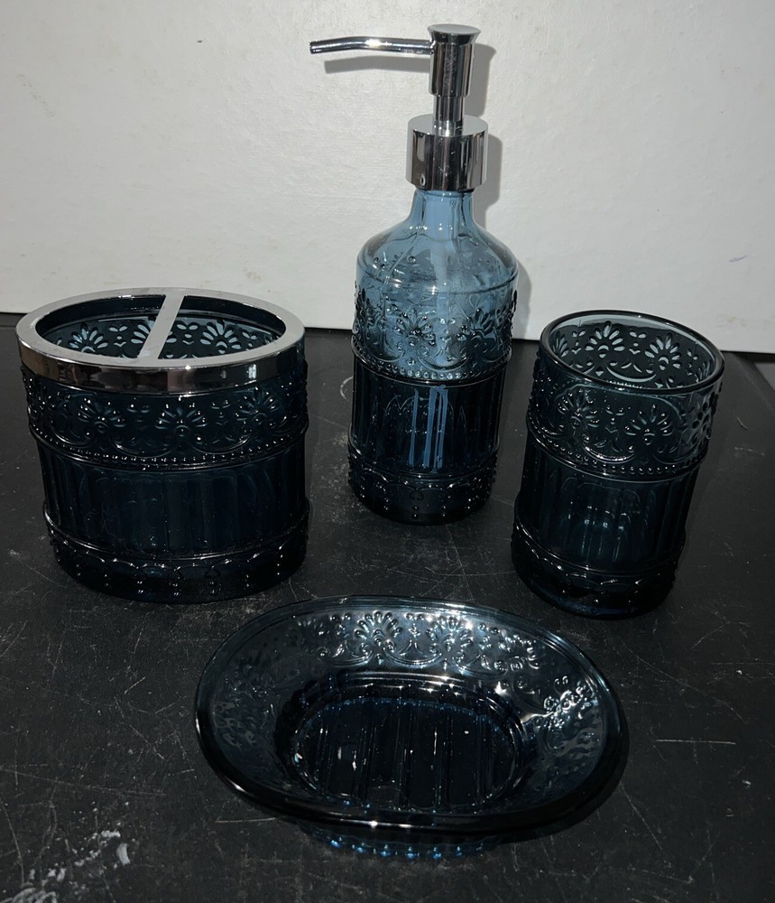 4 Piece Heavy Weight Beautiful Blue Glass Bathroom Accessories Set