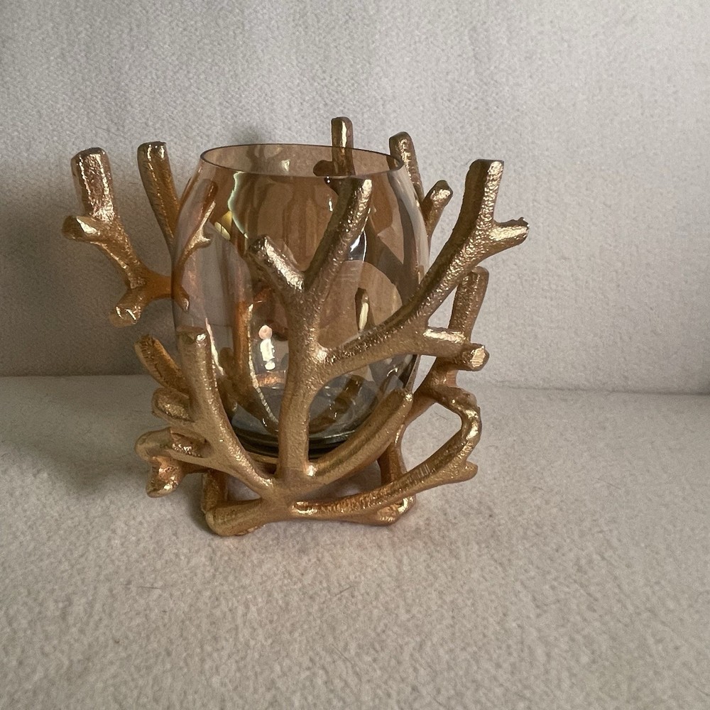 Gold Aluminum Candle Holder with Amber Glass Votive