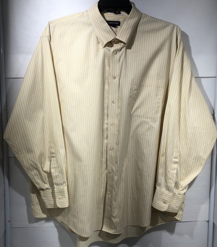 Lands’ End Shirt No Iron Pinpoint Oxford Men’s 18 1/2-35 Big Yellow Blue Stripes