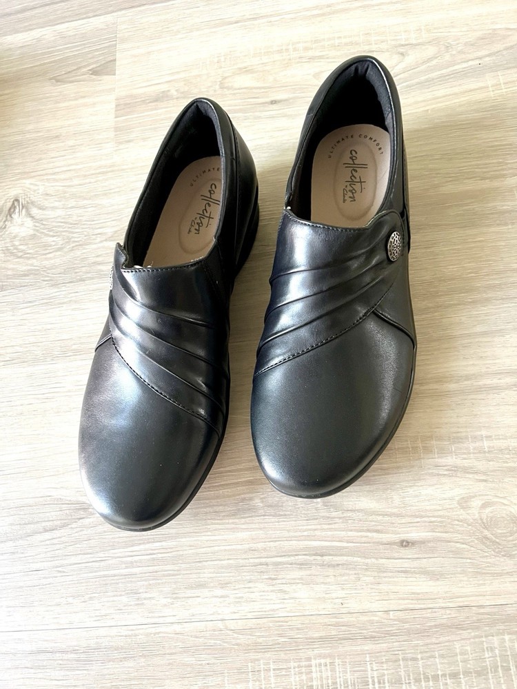 New Clarks Hope Roxanne Black Leather Slip-On Wedge Shoes 9W
