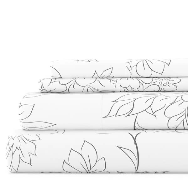 Gray Floral Microfiber 4-Piece Full Sheet Set for Cozy Comfort
