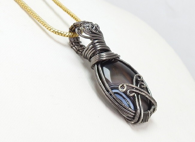 Black Strip Agate Brass Pendant Silver Oxidised Polished Wire Wrapped Jewelry
