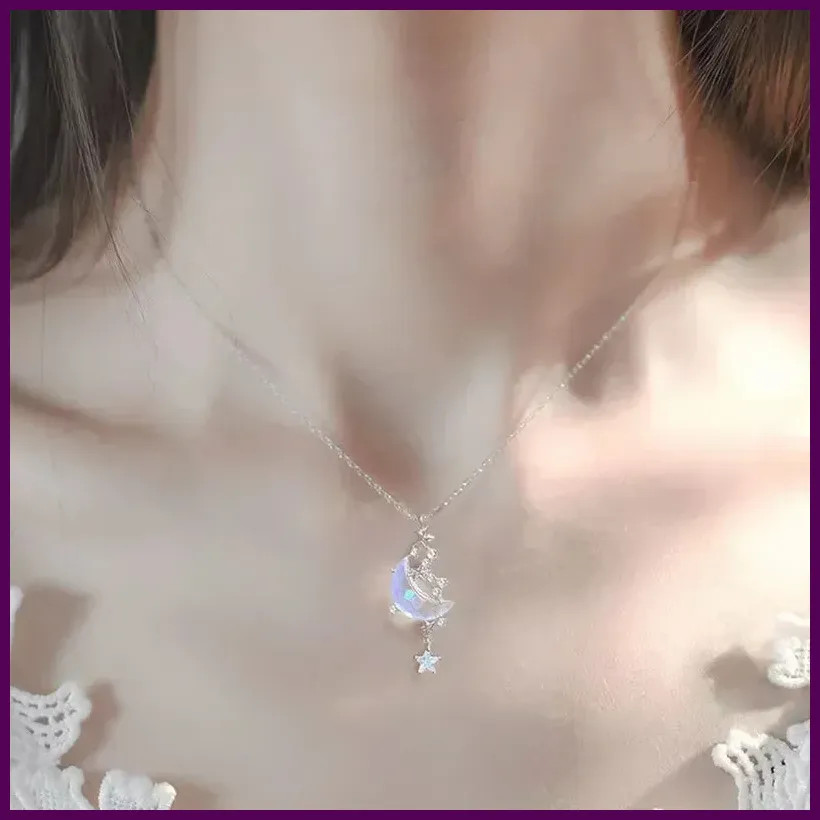 Korea Crystal Moon Star Chokers Necklace Colorful Glazed Stone Pendant Necklaces