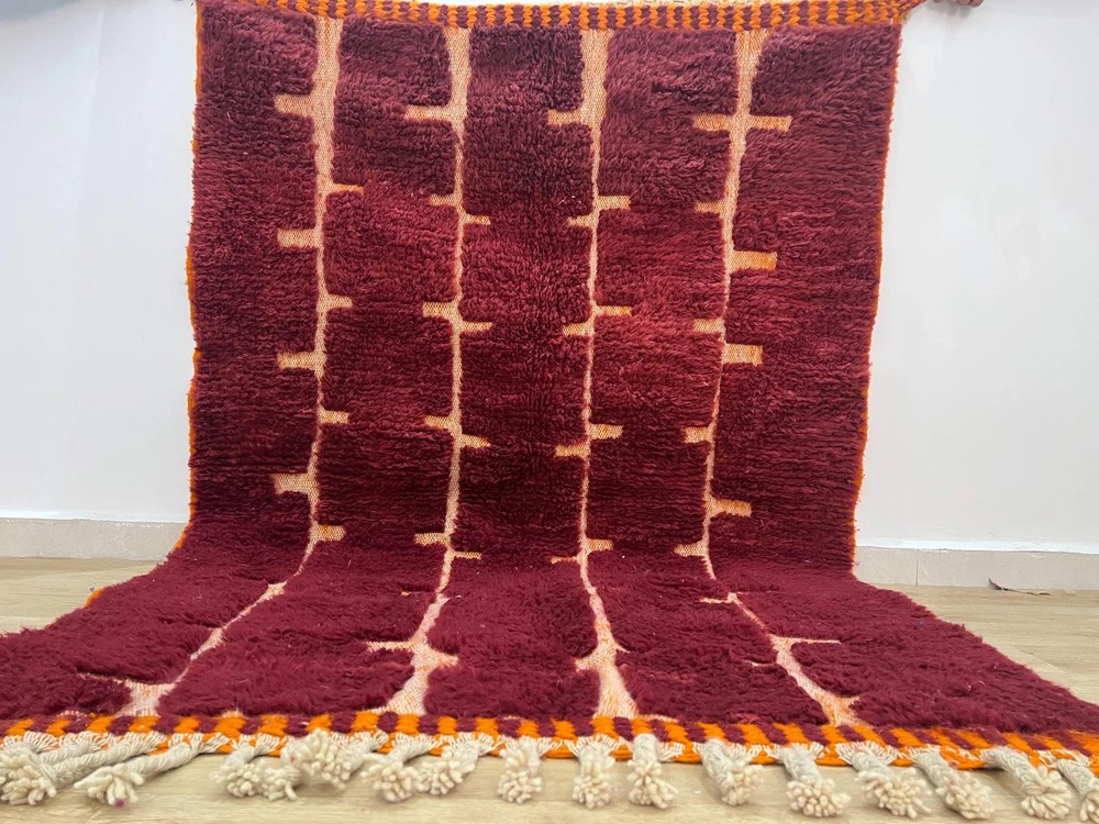 Moroccan Berber Beni Ourain Wool Rug Color Dark Red Handmade Design Carpet Rug