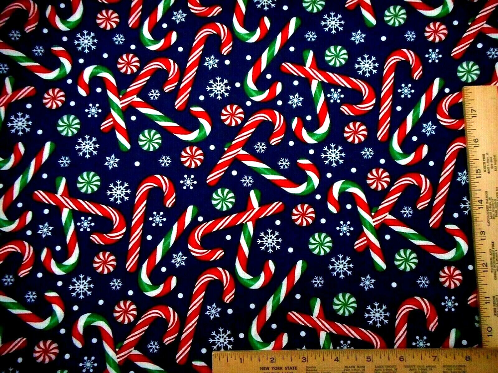 Christmas Fabric By Yard Candy Canes Peppermint Candy Snow Navy Blue Cotton #39