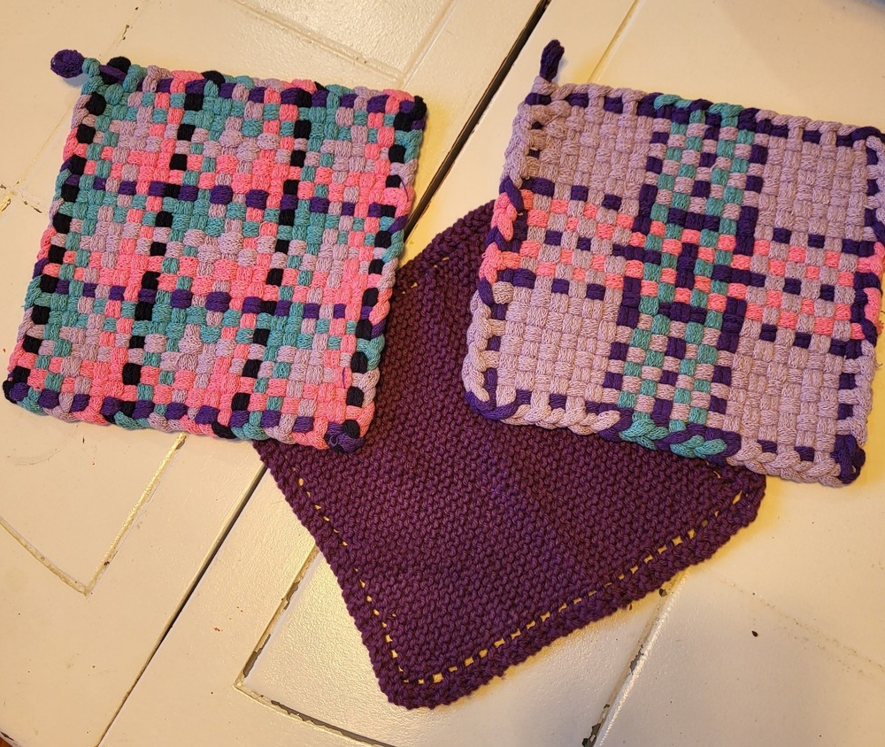 3-Piece Handmade Cotton Woven Potholder Set with Dishrag - Purple Trivet & Hot Pads