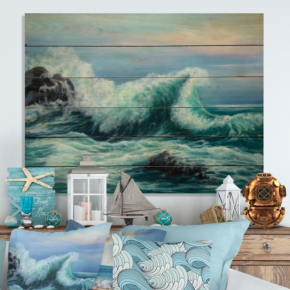 Designart 'Wild Blue Ocean Waves X' Nautical & Coastal Wood