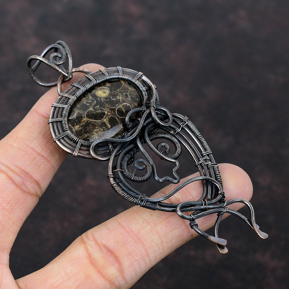 Mothers Day Art Deco Copper Wire Wrapped Turritella Agate Pendant-image