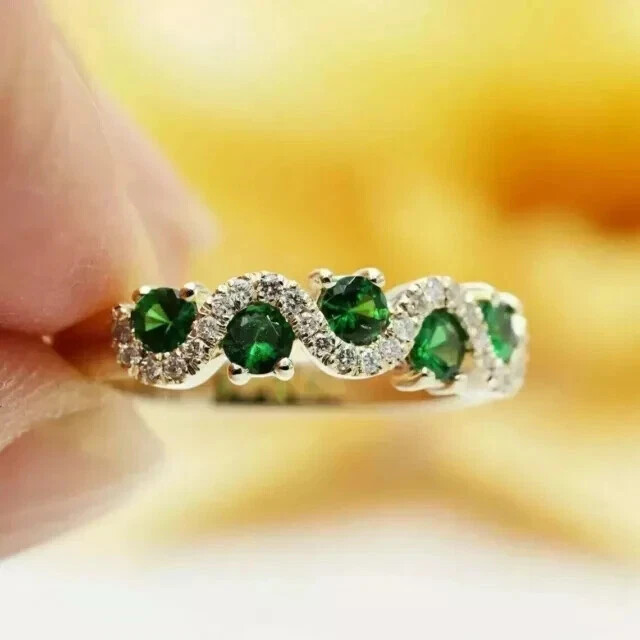 2.31 Ct Round Simulated Emerald Women's Eternity Ring 925 Yellow Sterling Silver