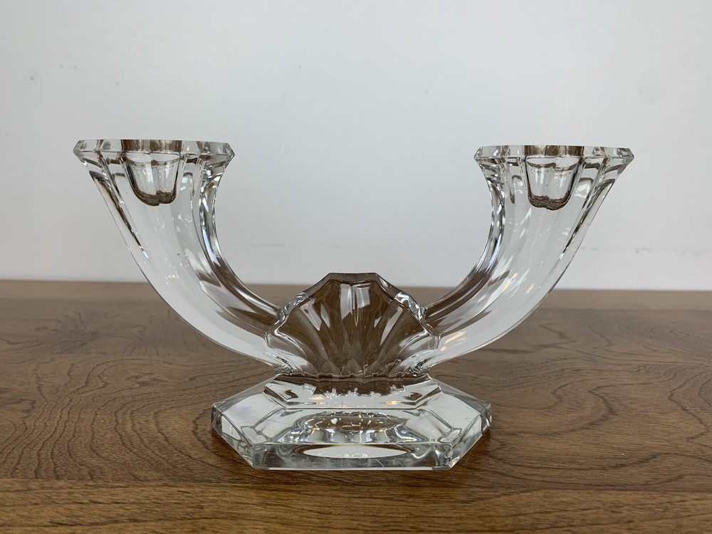 Val St-Lambert Crystal Candle Holder Candelabra 2 Arms MCM Belgium Signed Vtg
