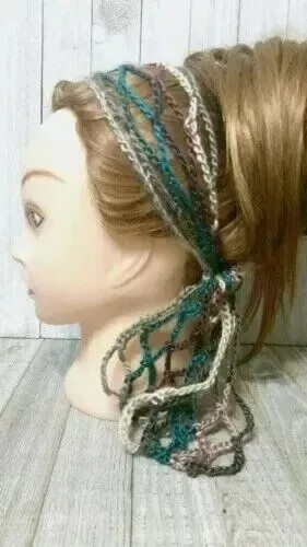 crochet womans handmade boho headband gypsy hair scarf tie teal blue USA