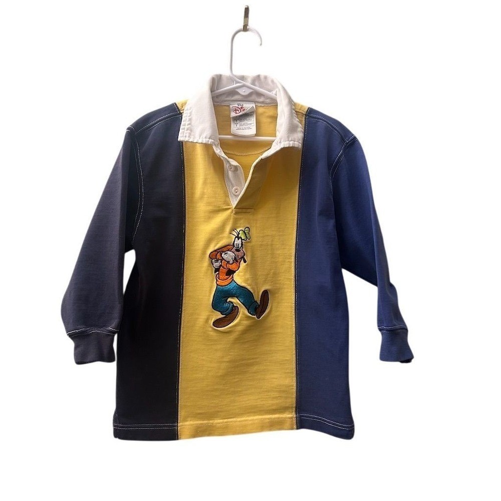 VTG Y2K Kids Disney Goofy Rugby Shirt Long Sleeve Yellow Blue Size S Cotton