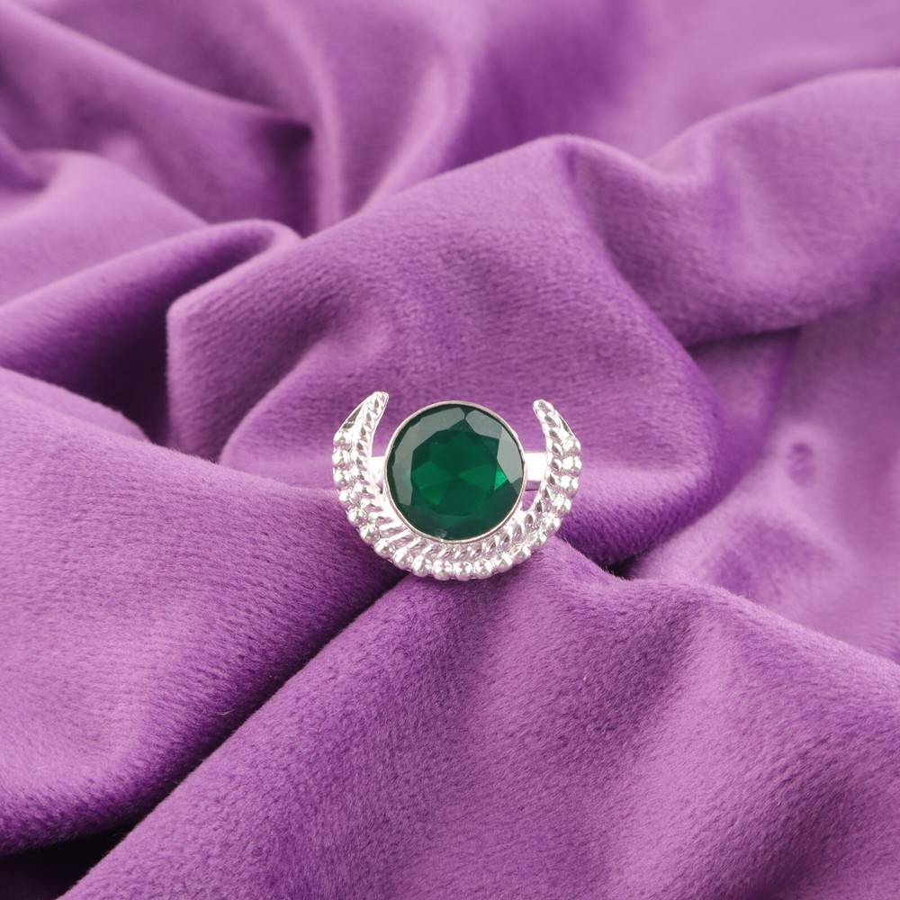 925 Silver Round Natural Green Onyx Birthday Band Ring Available in All Sizes