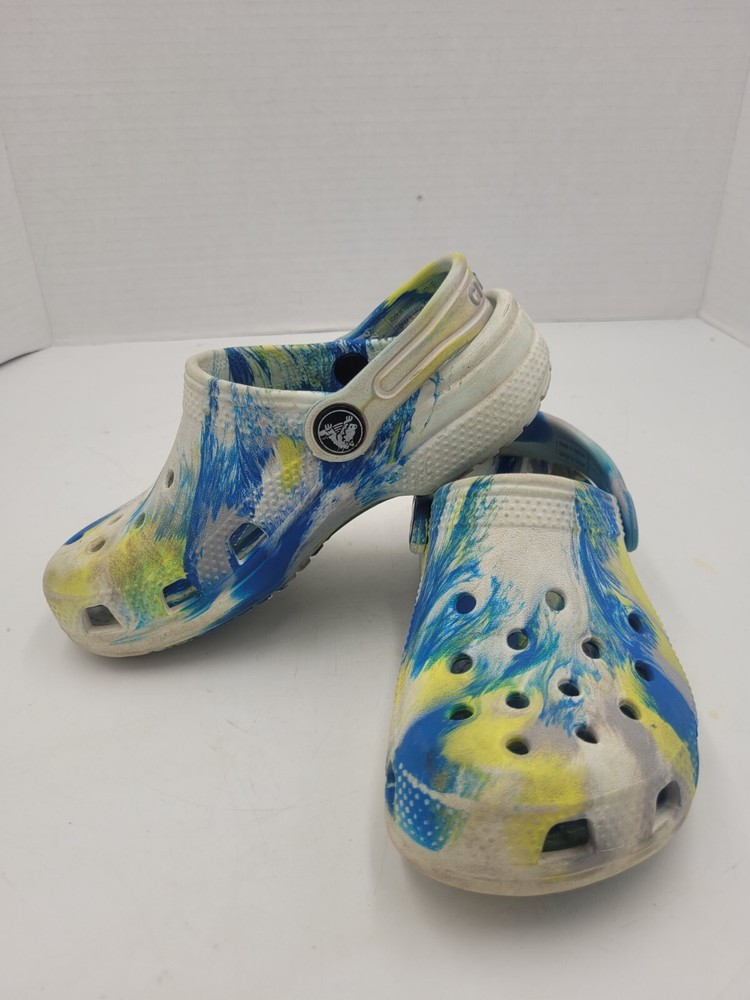 CROCS Clogs Kids C 11 Youth Marbled Tie Dye Blue Yellow Unisex Boy Girl