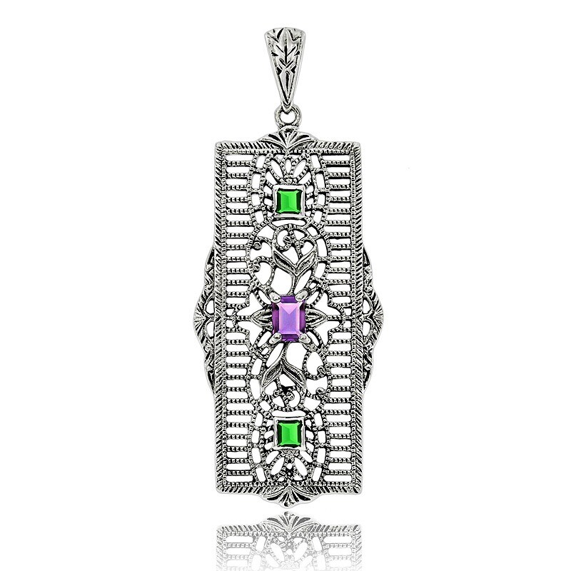1CT Natural Amethyst & Emerald 925 Sterling Silver Victorian Style Pendant Y1433