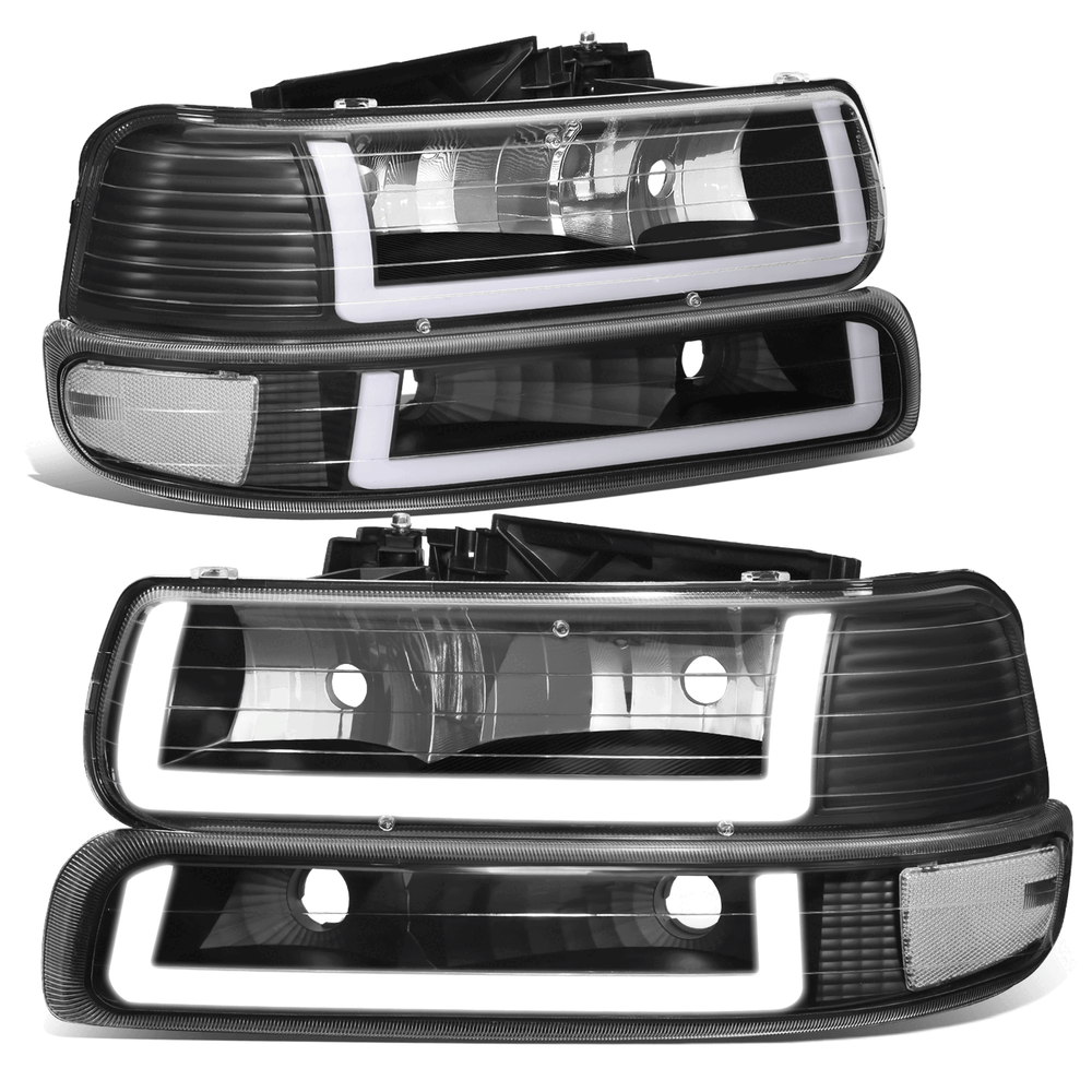 Fit 99-02 Silverado Suburban DRL LED Light Bar Type-2 Black Clear Headlights