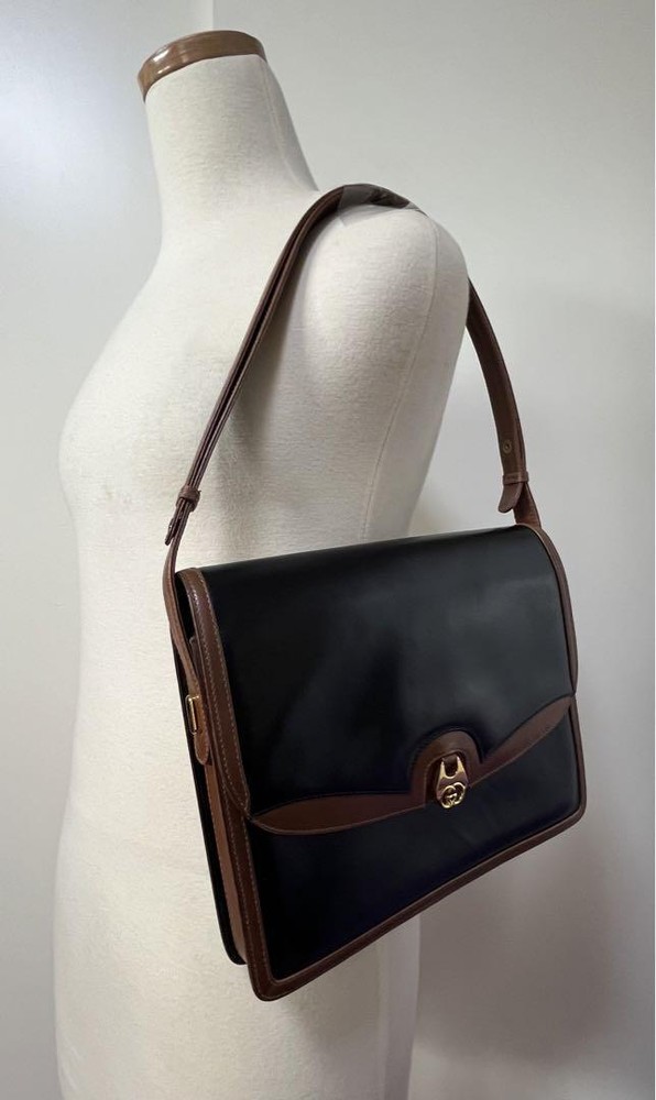 Vintage Old Gucci Leather Handbag Shoulder Bag Black Brown Present from JAPAN