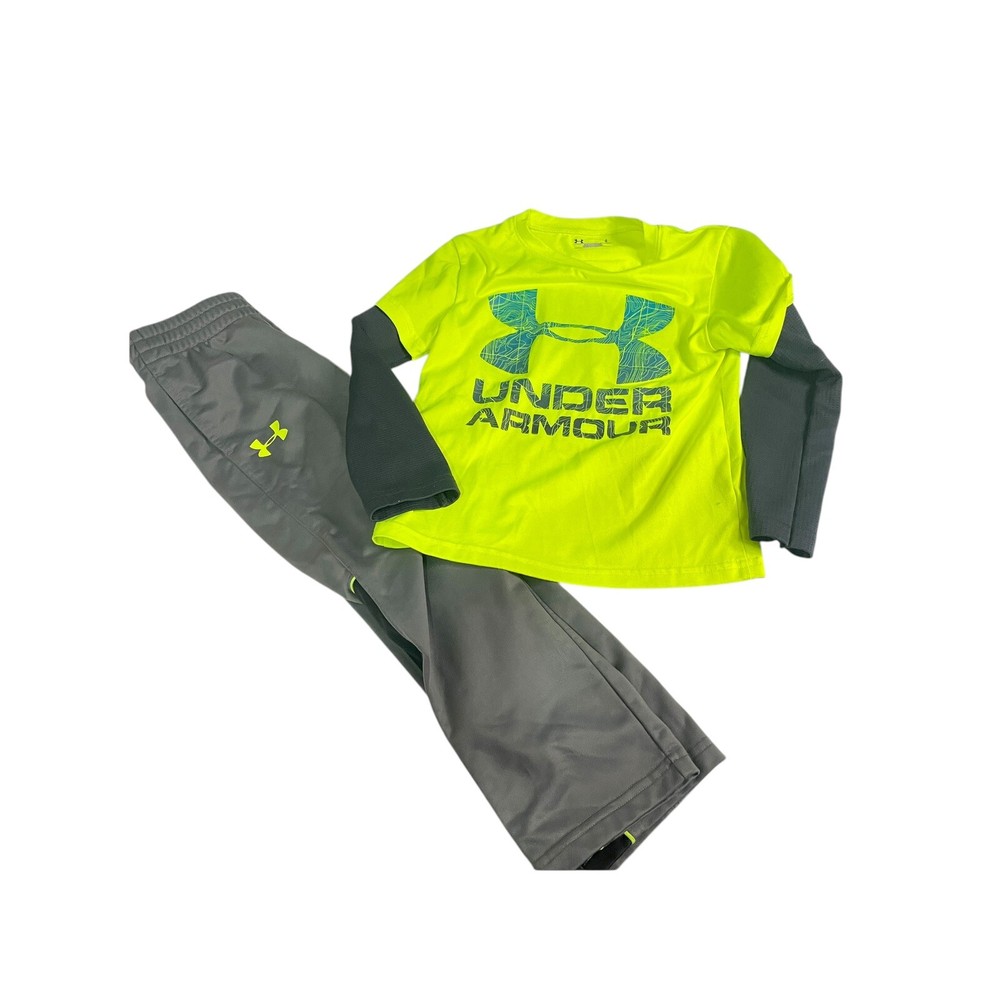 Under Armour Boys Size 4 Athletic Pants UA Logo Top 2 Piece Set Gray Yellow