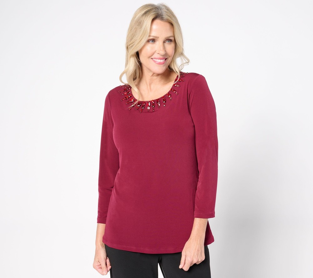 Susan Graver Women's Top Plus Sz 2X Artisan Bell-Sleeve Embellishment Red