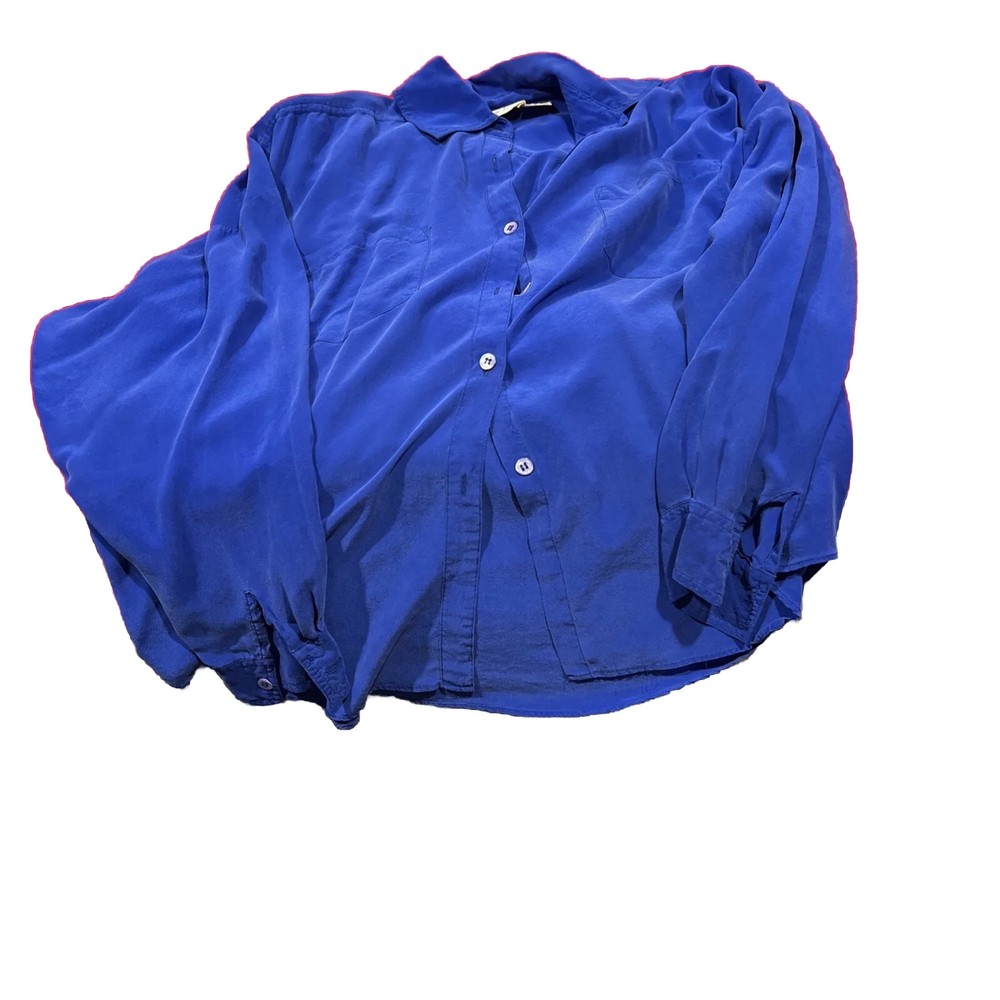 Blue Silk Long Sleeve Blouse with Double Pockets - Size Medium-image