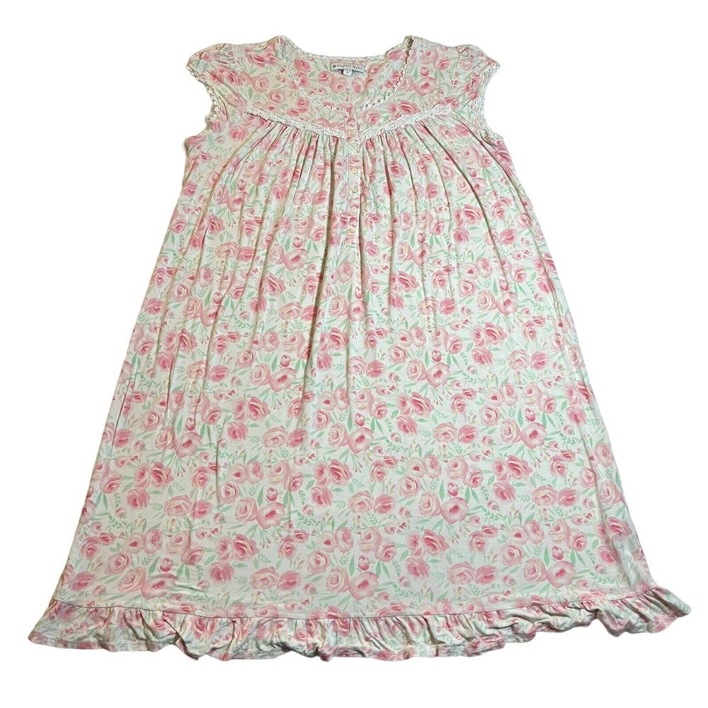 Eileen West Cap Sleeve Floral Print Stretch Midi Nightgown Size L Cottagecore
