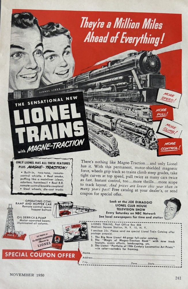 LIONEL TRAIN WITH MAGNE TRACTION JOE DIMAGGIO COUPON VINTAGE PRINT AD 1950-image