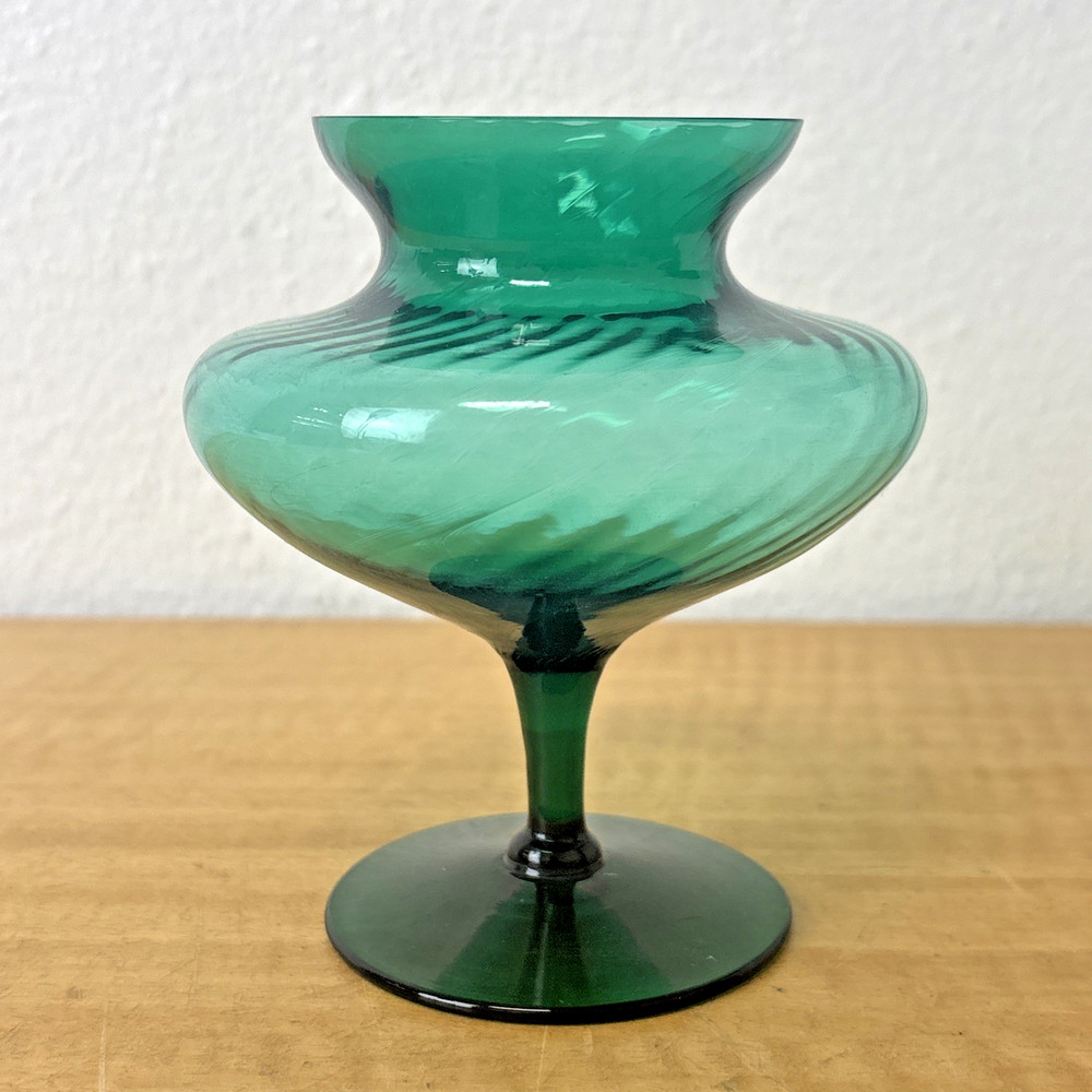 Vintage MCM Empoli Glass Green Footed Compote Vase