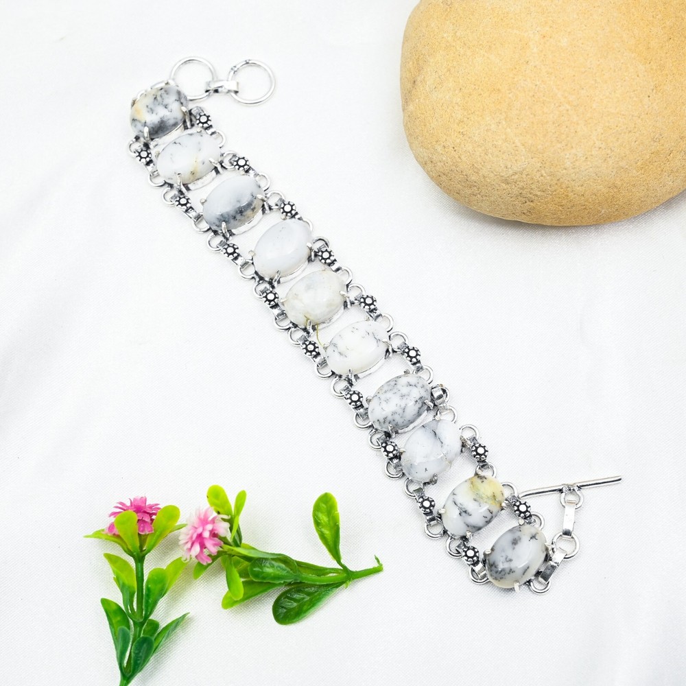 Dendrite Opal Gemstone Bracelet 925 Sterling Silver Handmade Jewelry Women Gift