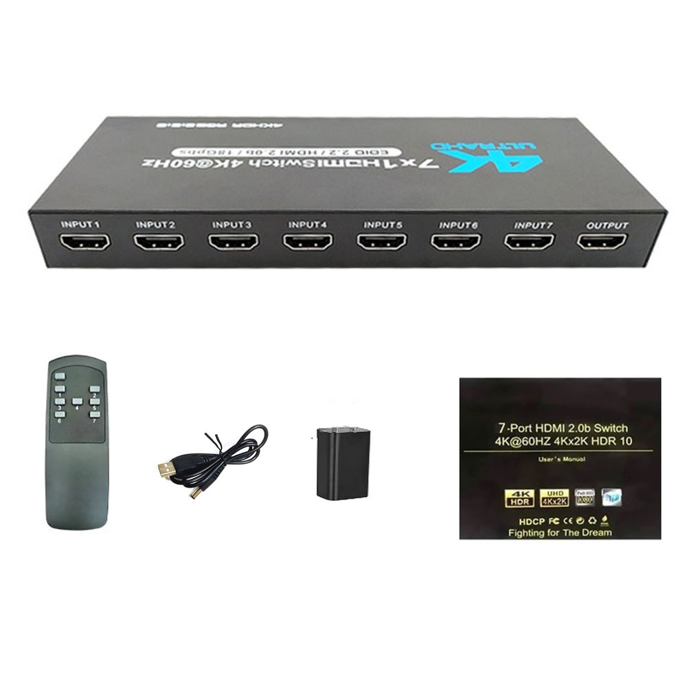 7-Port HDMI Switch 2.0 4K@60Hz 7x1 HDMI 2.0 Switcher With IR Remote Support HDR