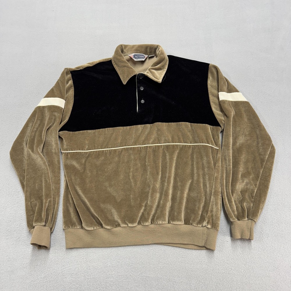 Vintage Action Polo Shirt Mens XL Brown Black Velour Colorblock Long Sleeve 80s