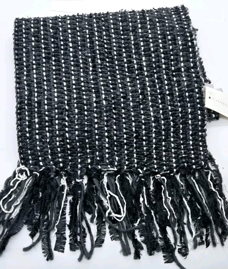 Charter Club Women's Scarf Black Grey White Glitter Flicks Fringed NWT