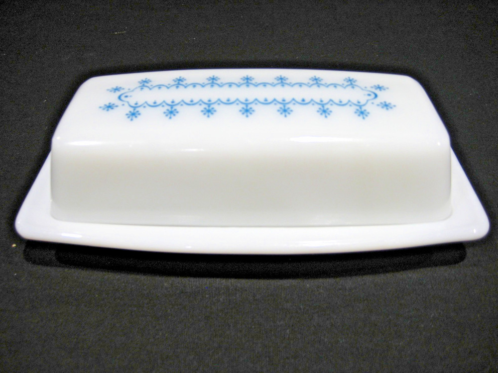 Vintage Pyrex Blue and Milk Glass Snowflake Garland Butter Dish with Lid