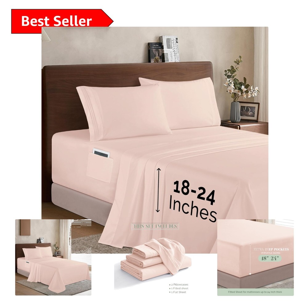 Wrinkle-Resistant Microfiber Sheet Set - Queen, Blush, 4-Piece Luxury Bedding