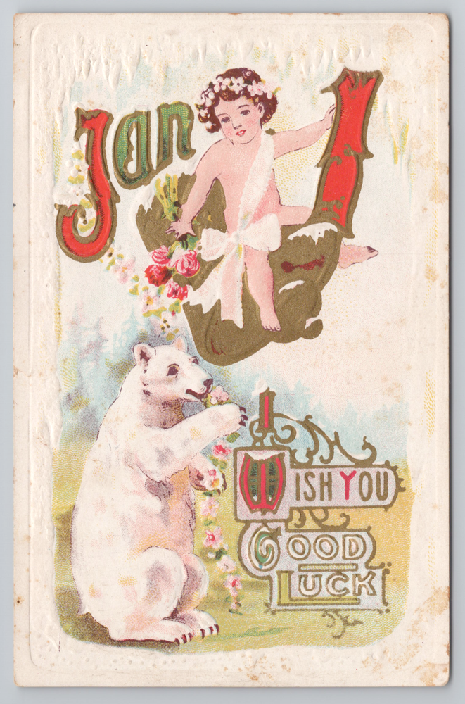 Wish You Good Luck Polar Bear with Flower Child Baby New Year's Postcard 1910s-image