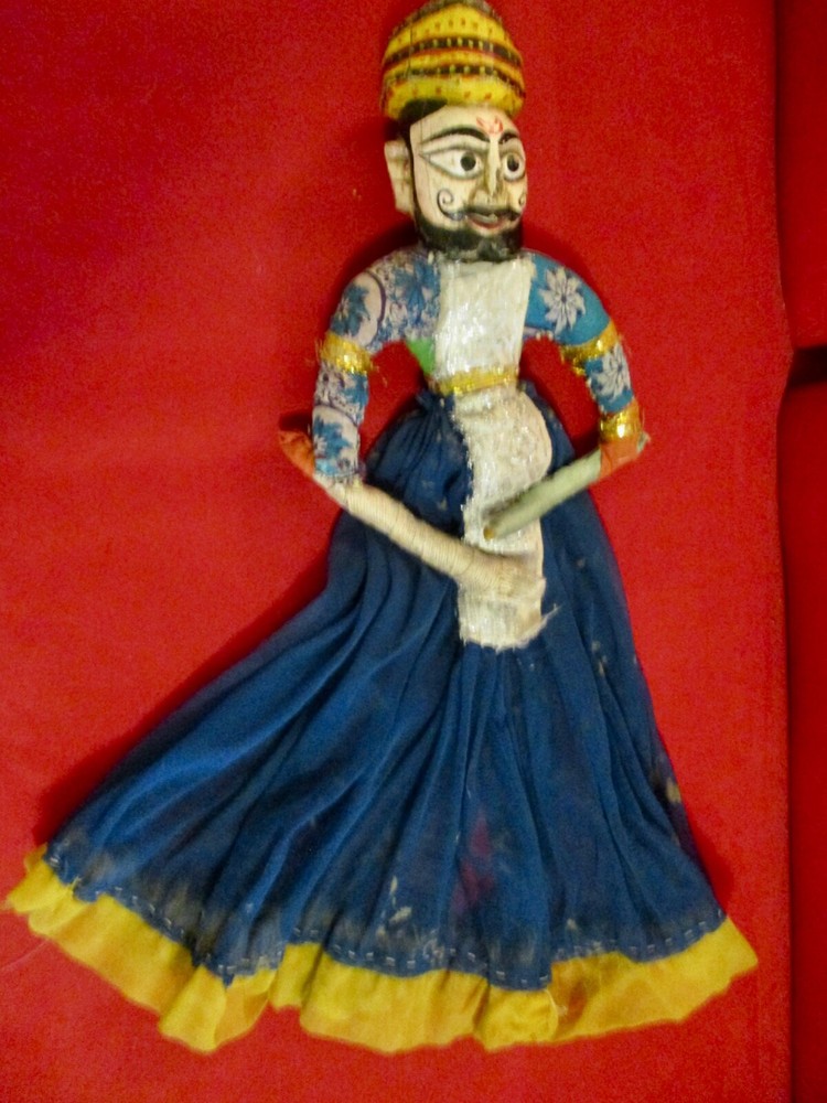 Vintage Indian Handmade String Marionette Puppet Carved Head, Hand Made Skirt