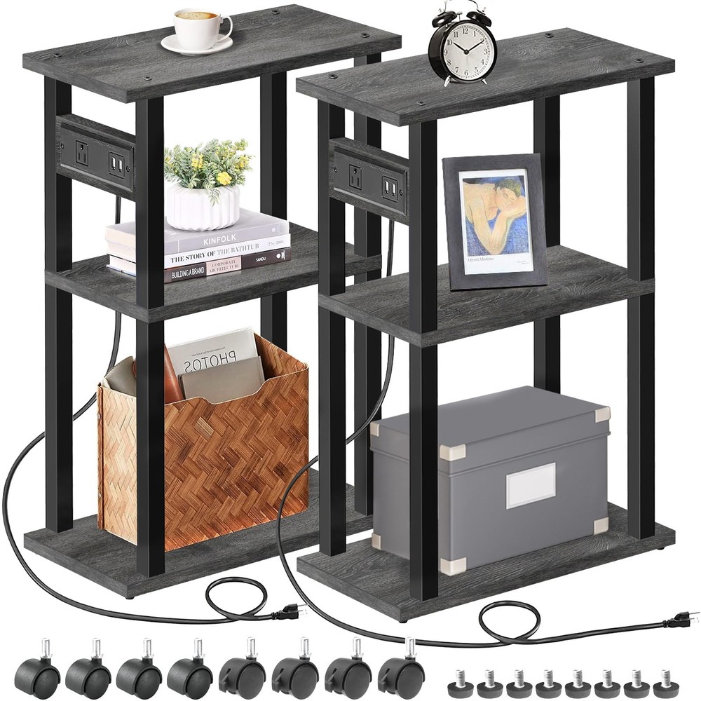 Set of 2 Slim Side Tables with Charging Station and USB Ports, Grey