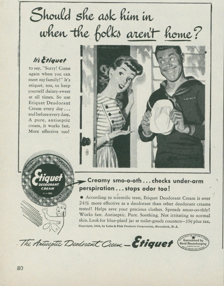 1944 Etiquet Deodorant Cream Sailor Calling On Woman Folks Not Home Print Ad L30