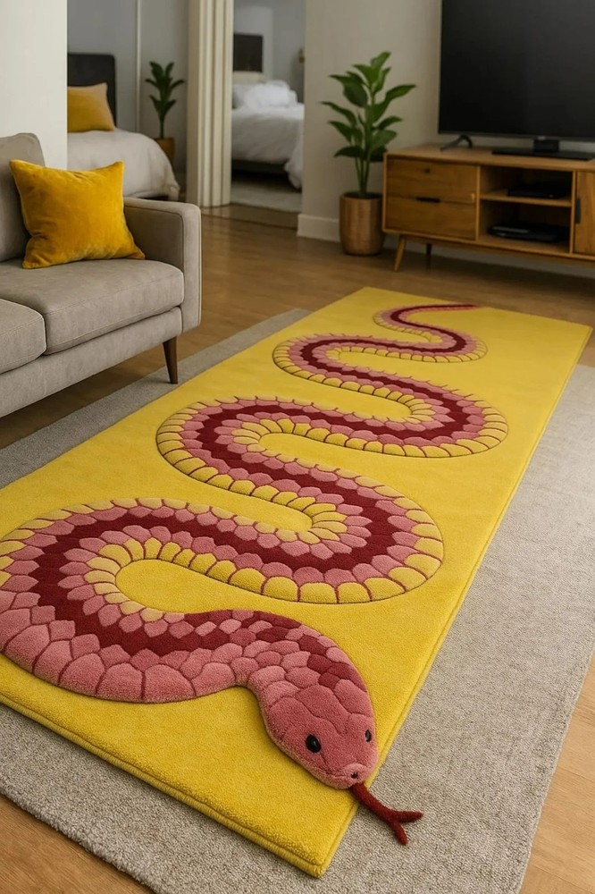 Hand-Tufted Wool Snake Rug: Bold Serpent Runner, Yellow ,pink and Brown