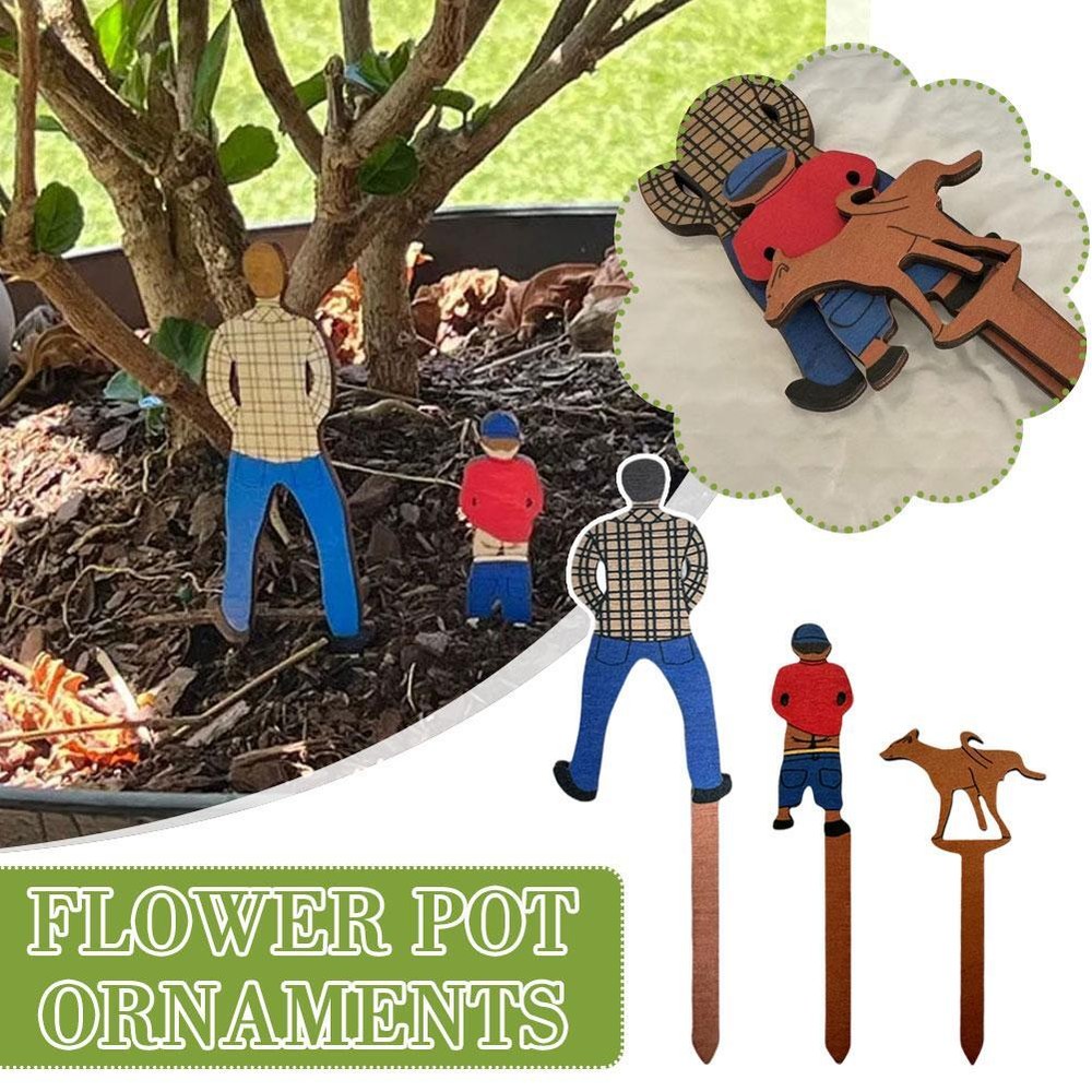 3 Pieces Potted Plant Wooden Plaque Dad, Son and Dog Garden Decoration/