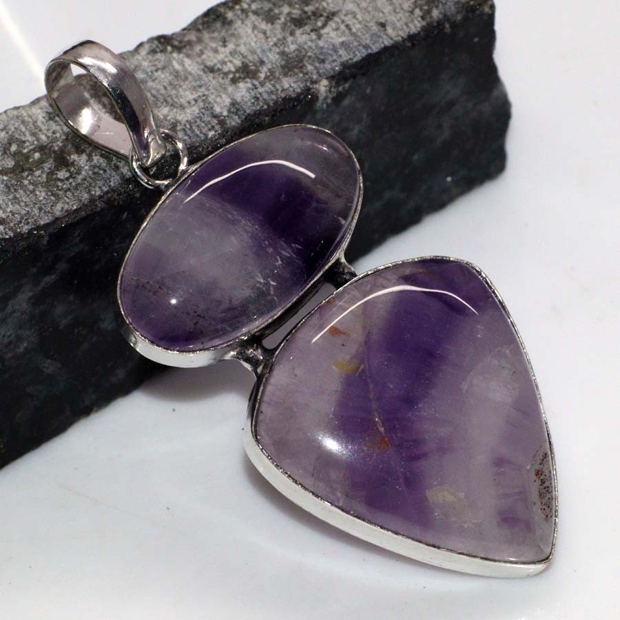 Long Banded Amethyst 925 Silver Plated Handmade Pendant 2.5 Inches Jewelry