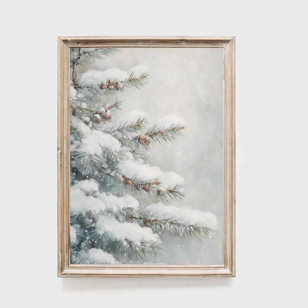 Snowy Pine Branch Print Winter Wall Art Christmas Tree Painting Holiday Home