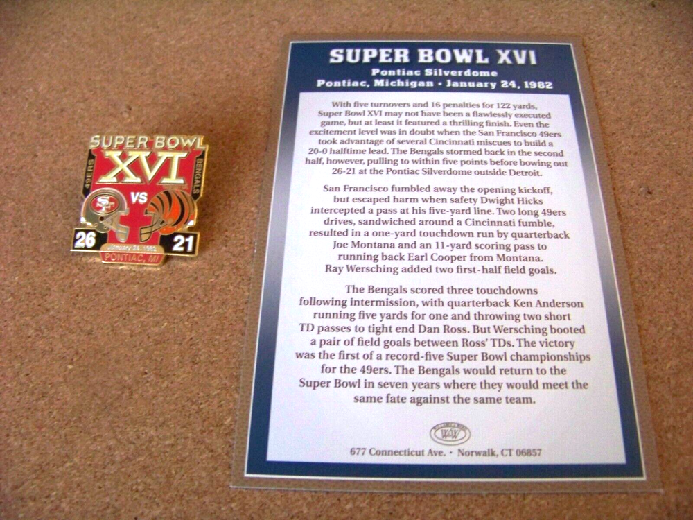 SB Super Bowl 16 XVI 49ers v Bengals Willabee & Ward pin w/ card NFL W&W c42141
