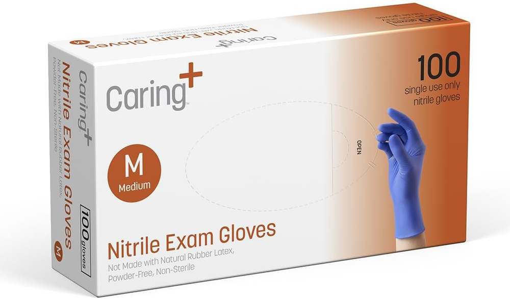 Caring Nitrile Exam Gloves, M Size; 100 Count; Brand New, Fast Free Shipping