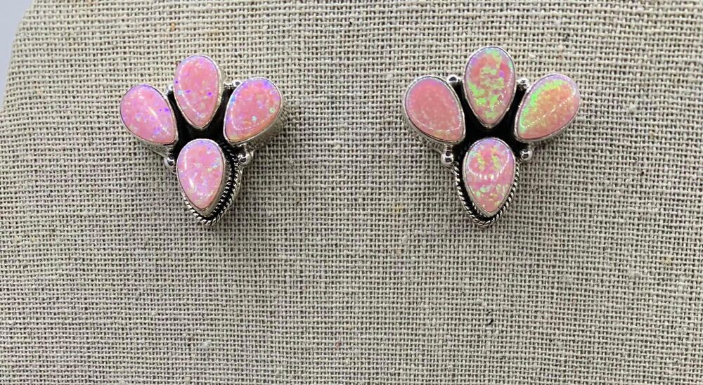 Pink Opal Native American Sterling Silver Oval Stud Earrings